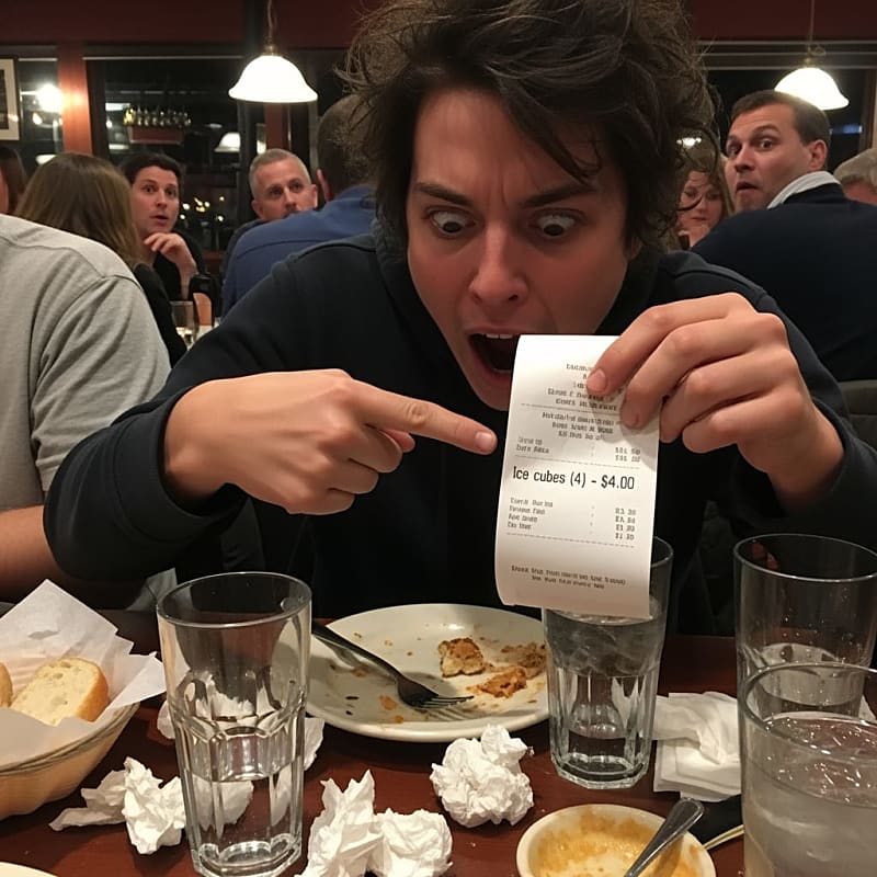 A close-up of a restaurant receipt showing a charge for ice cubes.