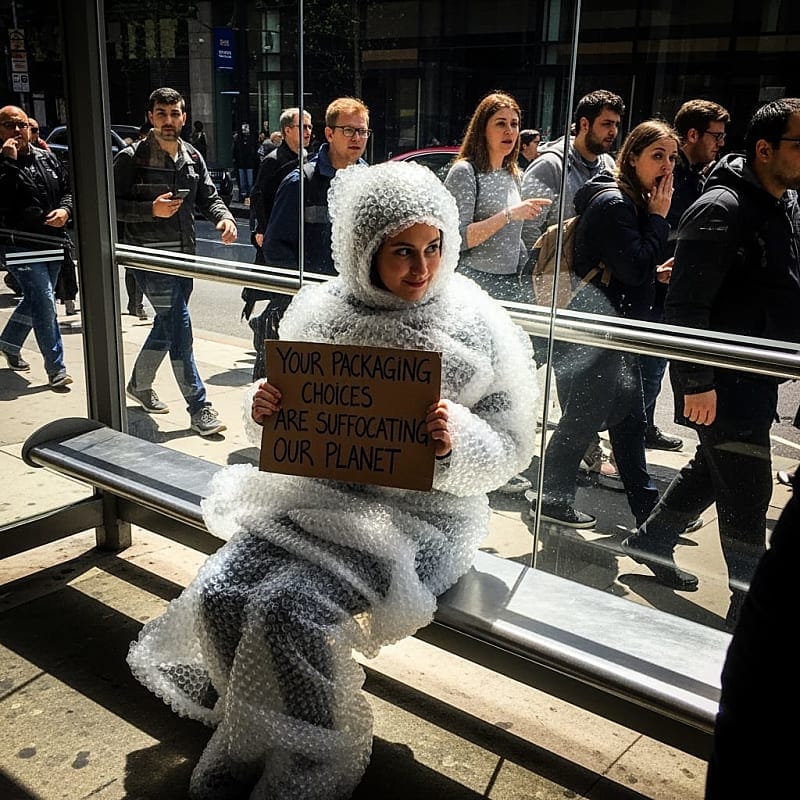Woman wrapped in bubble wrap standing at a bus stop, surrounded by confused onlookers