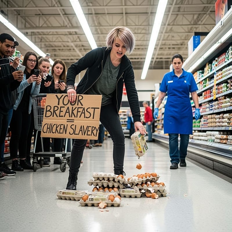 Broken eggs and yolks splattered across supermarket floor