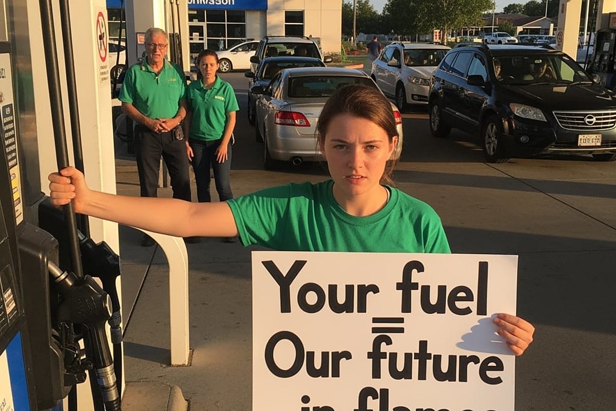 Environmental protesters with hands glued to gas station fuel pumps while police officers look on