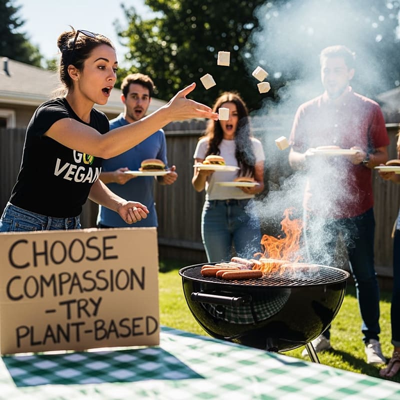 Angry vegan activist throwing tofu chunks at outdoor barbecue gathering
