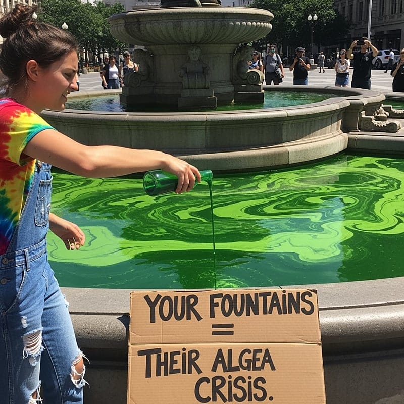 Public fountain glowing bright green with concerned onlookers gathering around