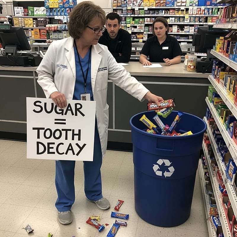Woman angrily holding hammer near damaged store display of candy bars