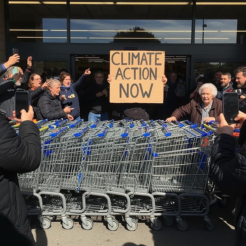 Shopping carts blocking grocery store entrance with protesters holding signs