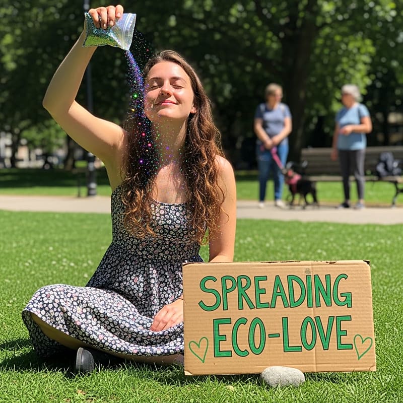 Woman covered in glitter standing in park during environmental protest