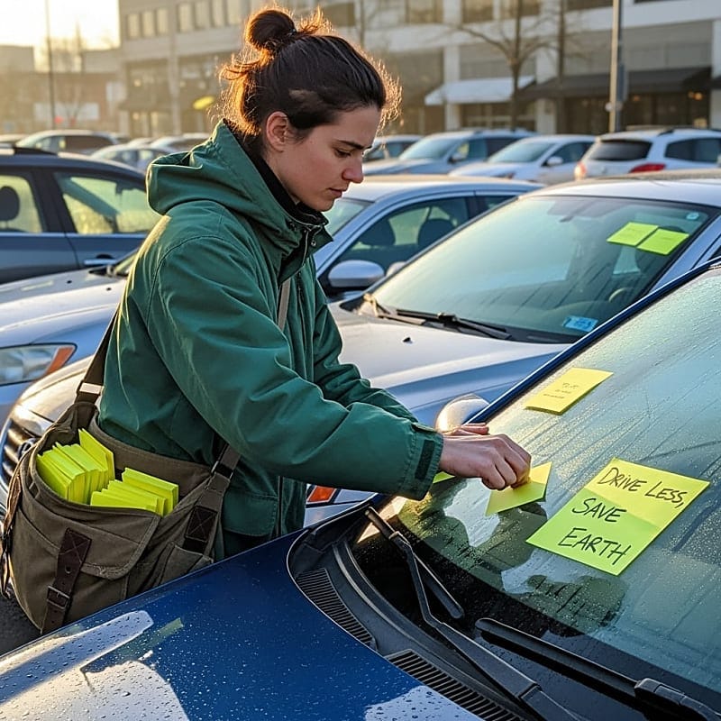 Close-up of a yellow sticky note with handwritten environmental message on car windshield