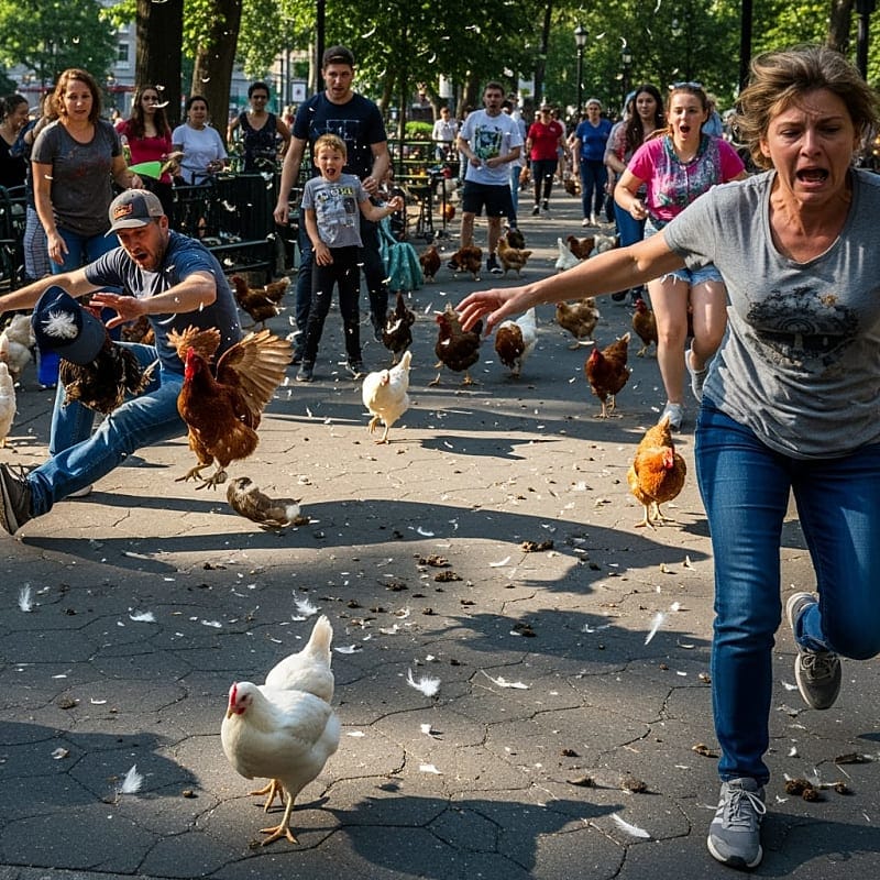 A group of chickens scattering across a grassy park with surprised people in the background.