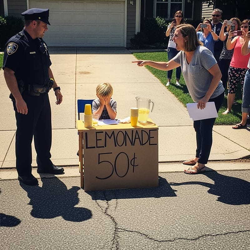 Police officers talking to a child beside a lemonade stand.