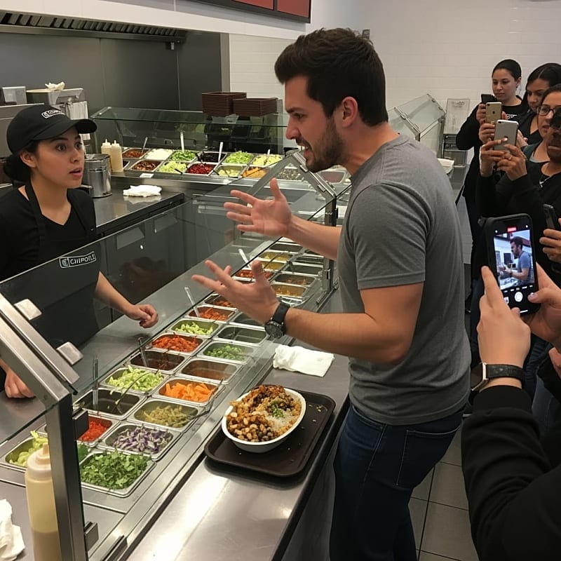Chipotle restaurant interior with customers in line and workers behind counter