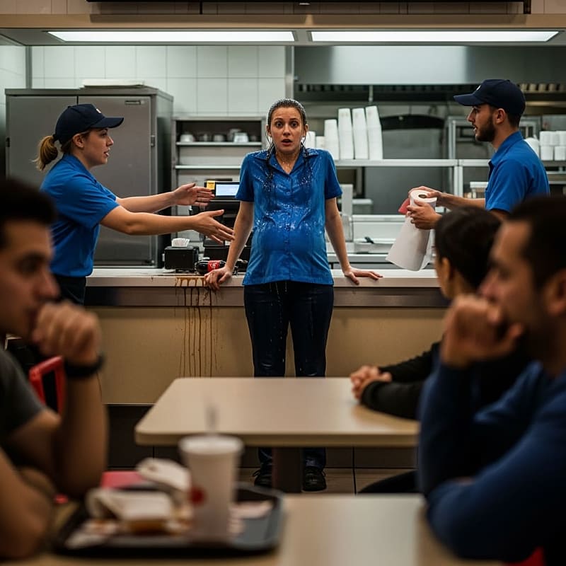 Angry customer throwing drink at McDonald's counter while worker shields her face
