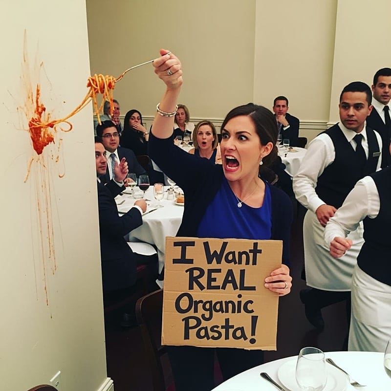 Food blogger throwing spaghetti at restaurant wall while other diners look shocked