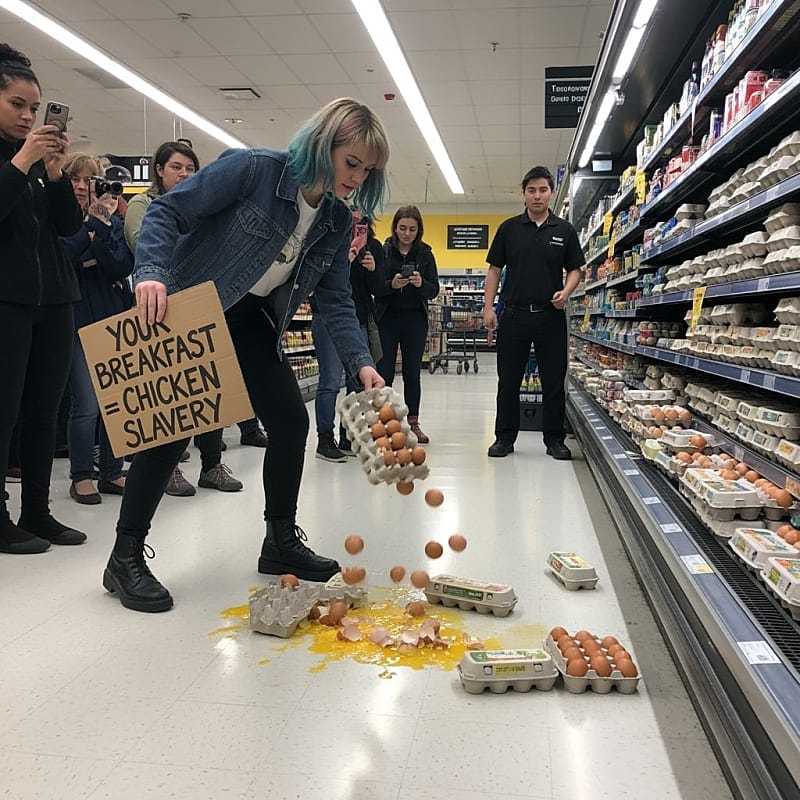Woman in supermarket aisle with broken eggs on floor