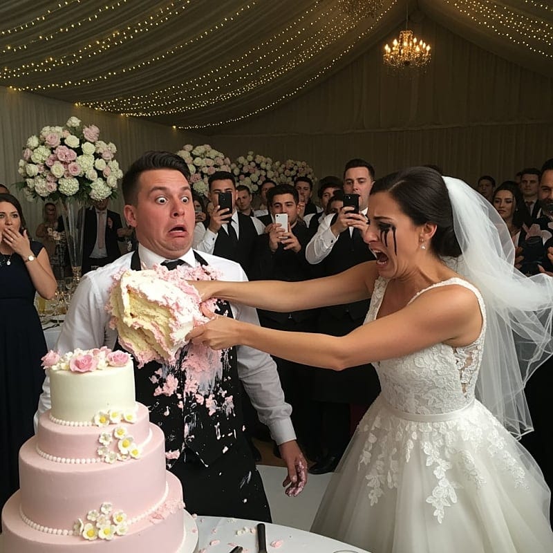 Four-tier wedding cake with bright neon pink frosting sitting on an elegant display table