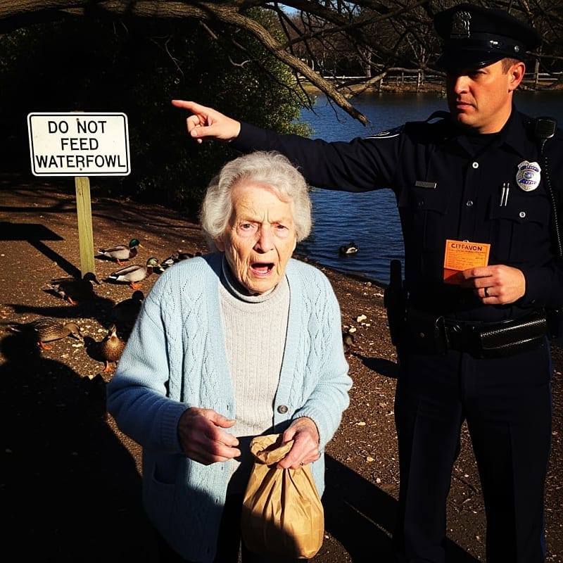 Elderly woman scattering breadcrumbs for ducks by a pond