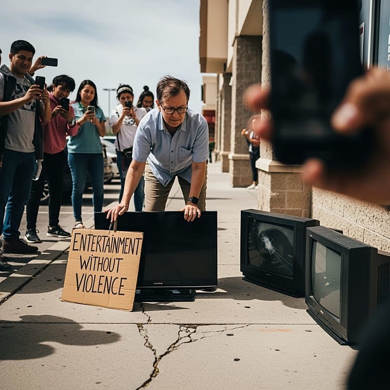 Close-up of shattered TV screen with protesters visible in background