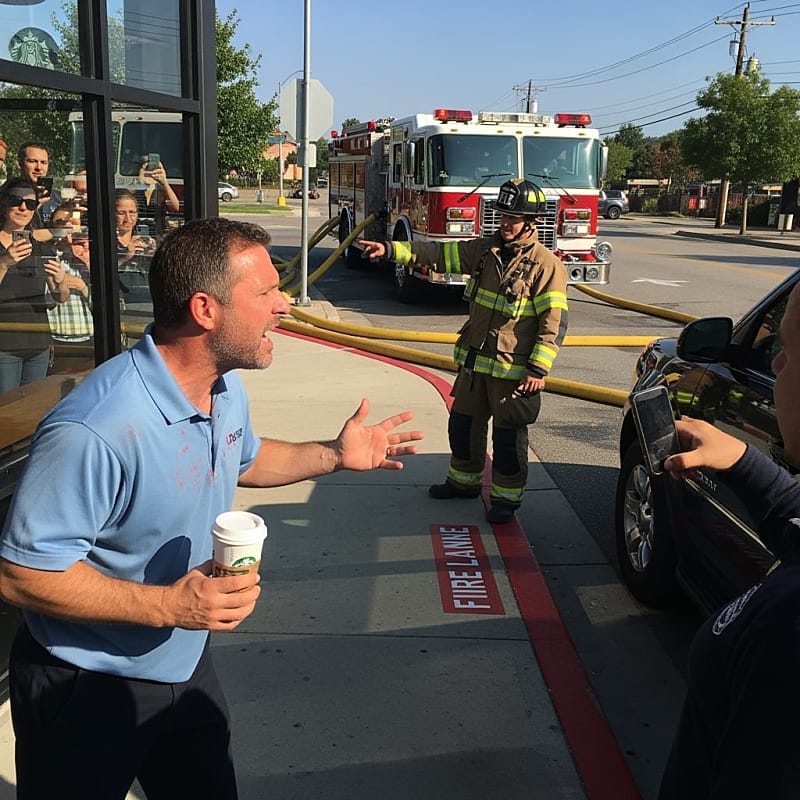 A fire truck is stopped, unable to proceed due to a car parked in the fire lane.