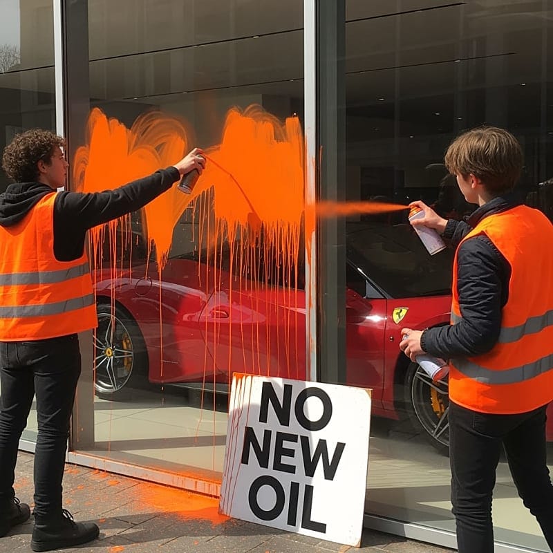 Security guards confronting protesters outside damaged luxury car dealership
