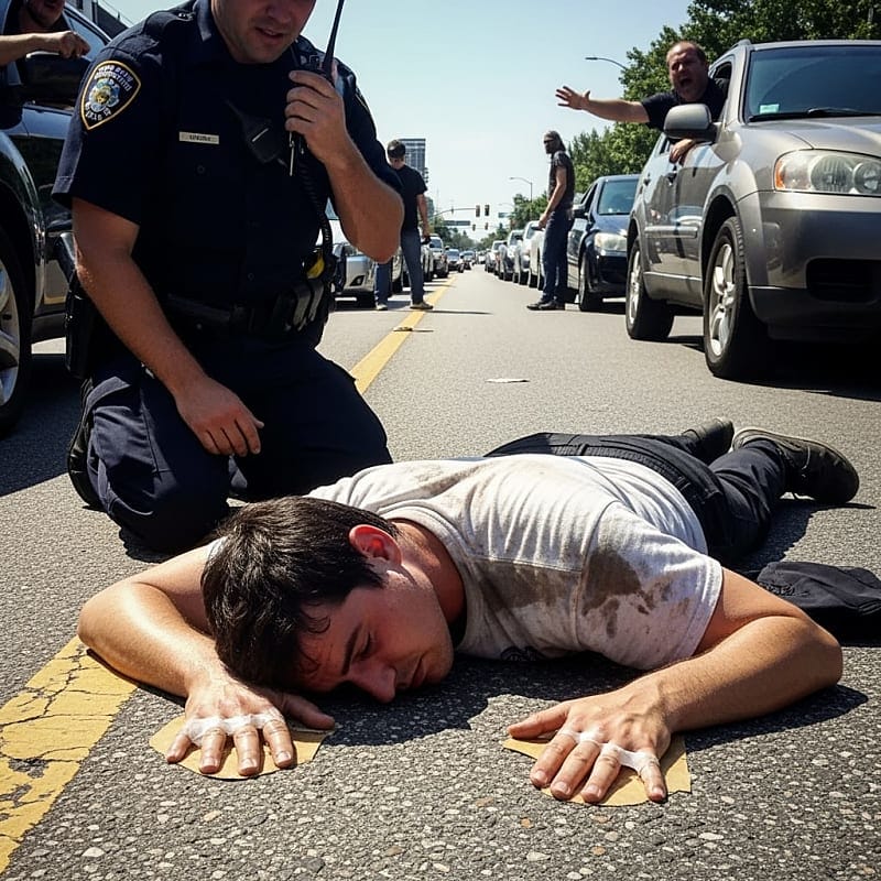 Man with hands glued to asphalt while police officers stand nearby during rush hour traffic