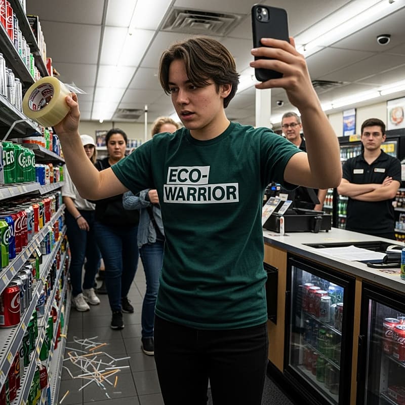 Store shelves with soda cans covered in taped-on plastic straws