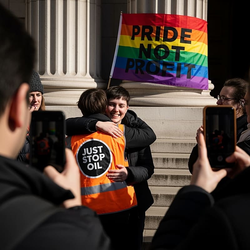 Police officers speaking with Just Stop Oil protesters at Pride march