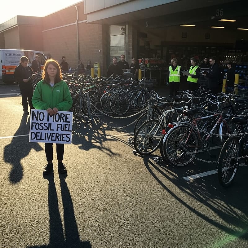 Climate protesters blocking grocery store entrance with chained bicycles while angry customers look on