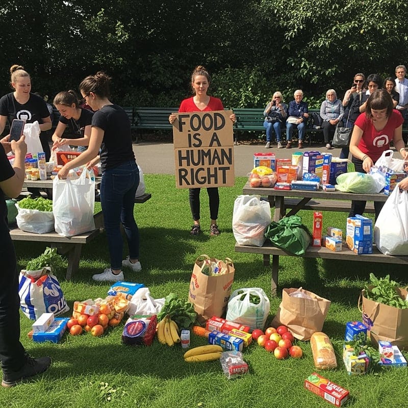 Scattered groceries and produce lying on grass in a public park