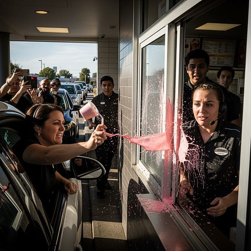 Angry customer at drive-thru window throwing milkshake at worker