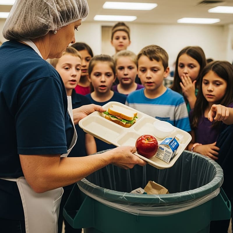A school cafeteria tray with uneaten food being discarded into a trash bin, with blurred student faces in the background.