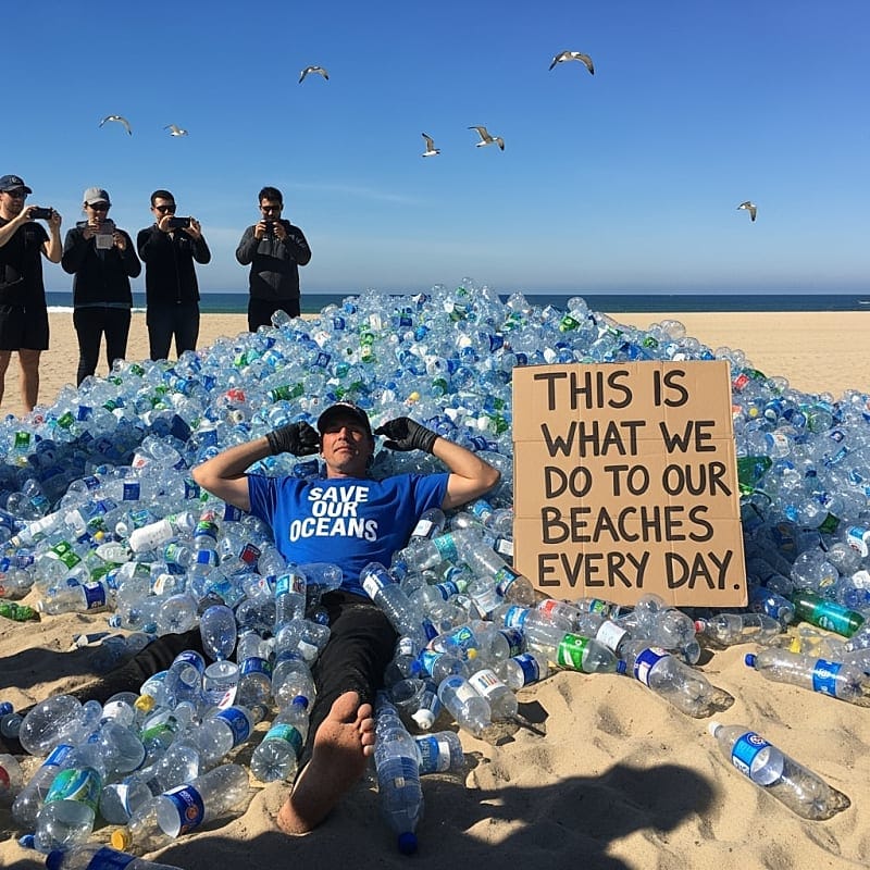 Man buried in plastic bottles on beach with only his head visible above masses of plastic waste