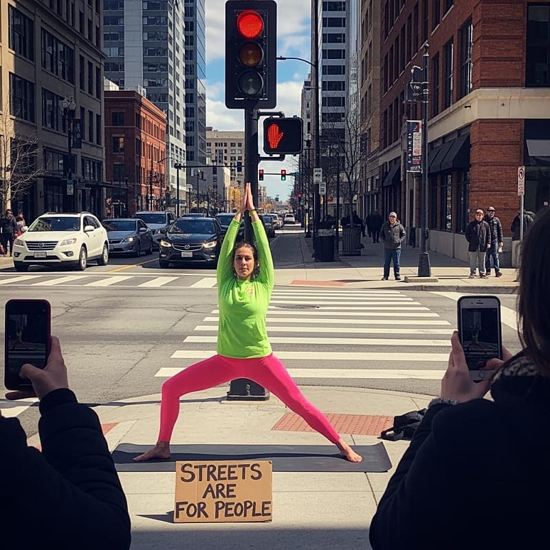 Woman in yoga pose blocking traffic at busy intersection during morning rush hour