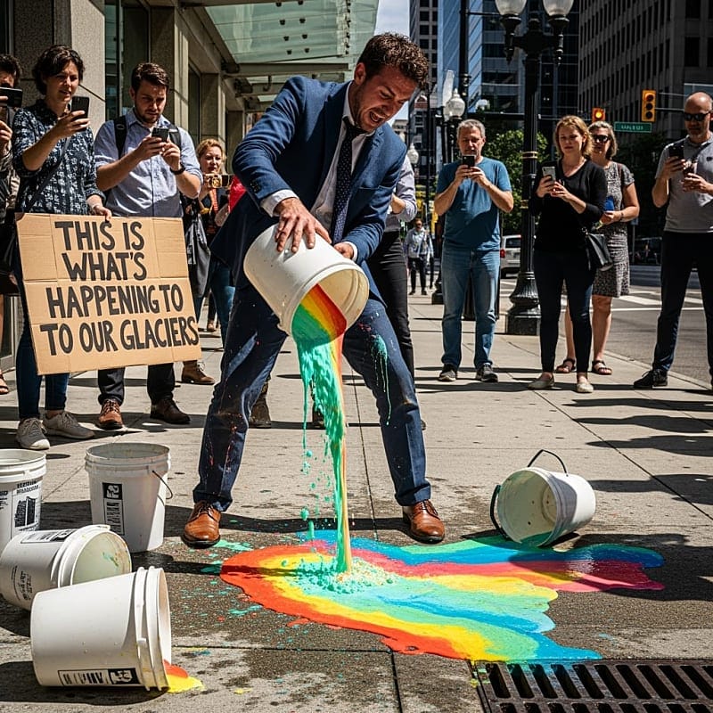 Close-up of melting ice cream creating puddles on concrete while concerned business owners look on