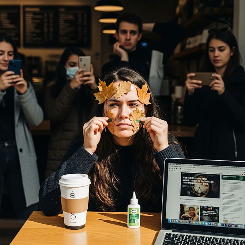 Woman with autumn leaves glued to her face sitting in a coffee shop