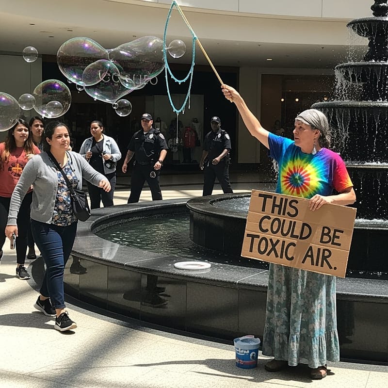 Man in casual clothes blowing soap bubbles inside a crowded shopping mall