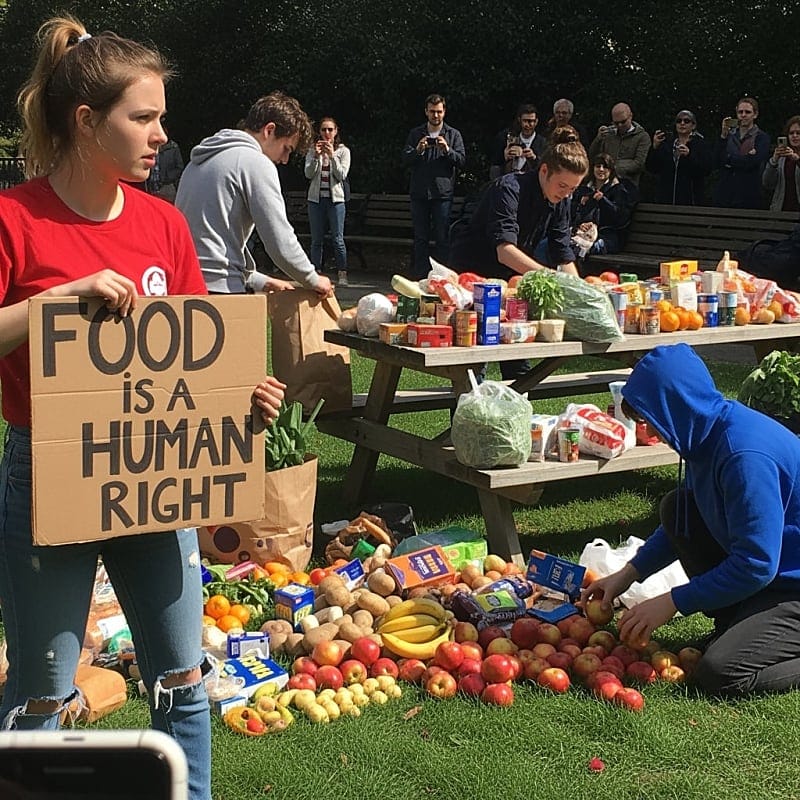 Protest signs and banners demanding universal food programs lying among wasted groceries
