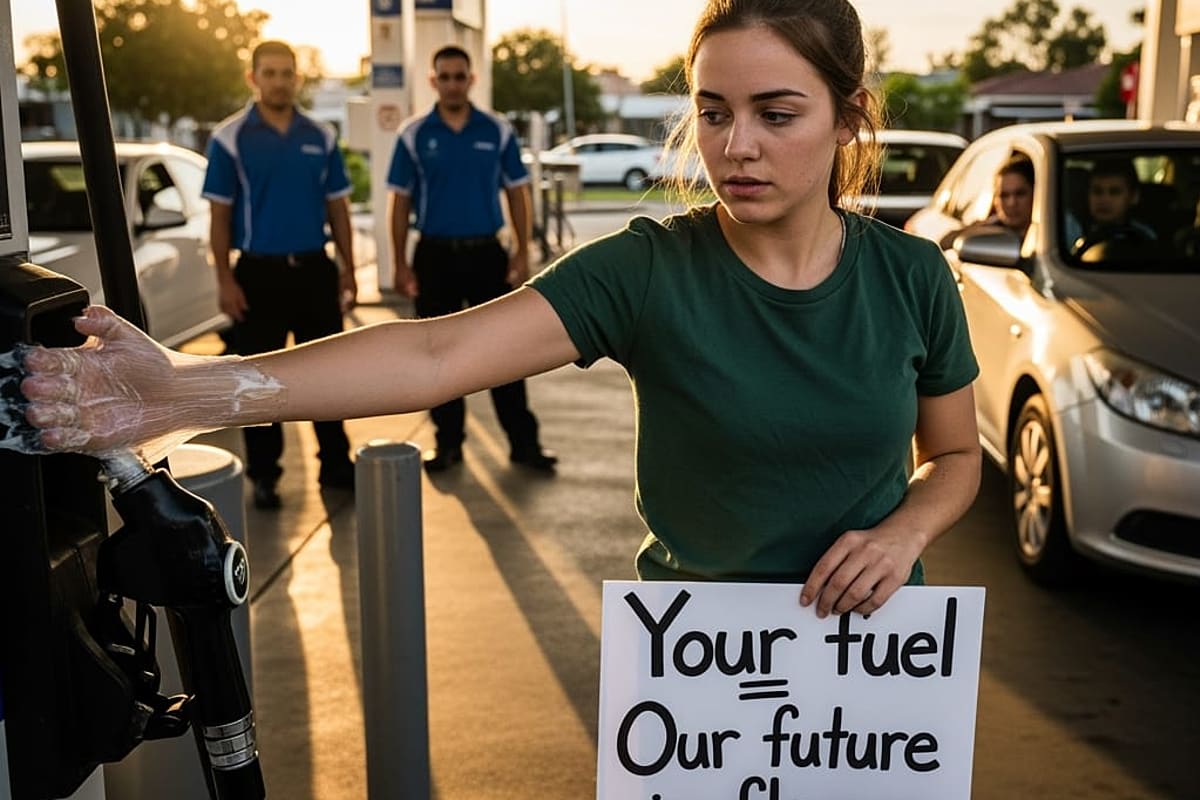 Close-up of hands glued to gas pump handle with police officers attempting removal