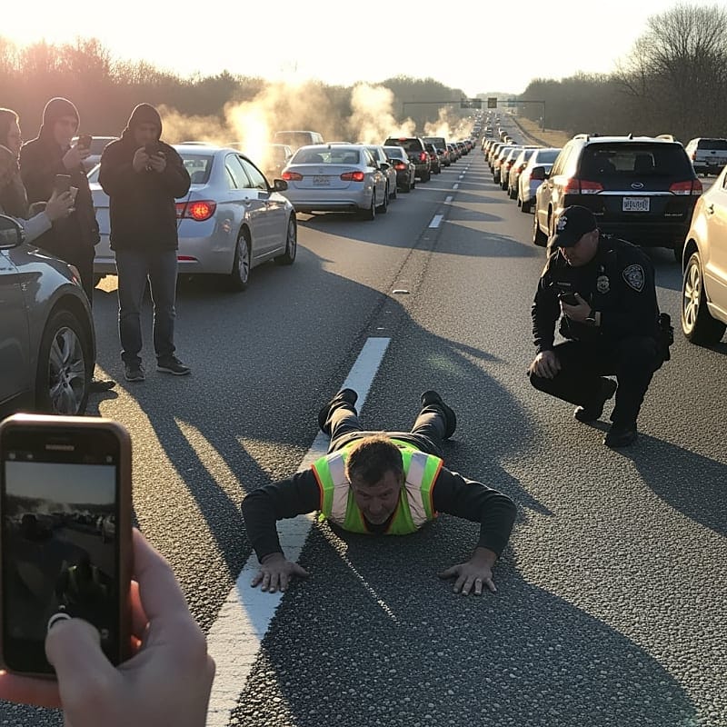 Man with hands glued to highway surface as cars build up behind him