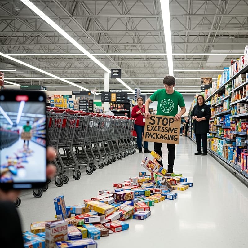 Climate activist throwing cereal boxes in grocery store aisle while shocked shoppers look on