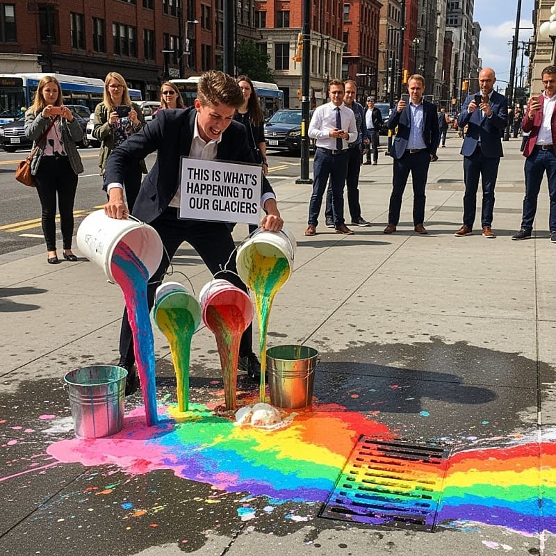 Climate activist pouring melting ice cream onto city sidewalk while frustrated pedestrians walk past