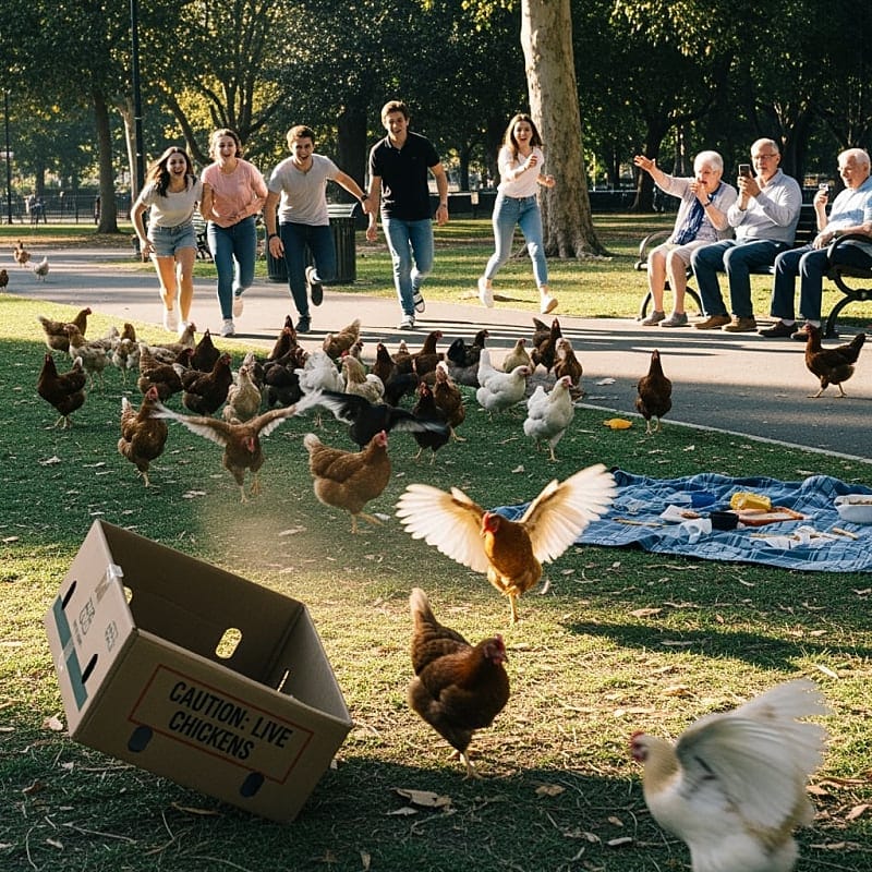 Multiple chickens wandering through a public park with playground equipment and walking paths visible