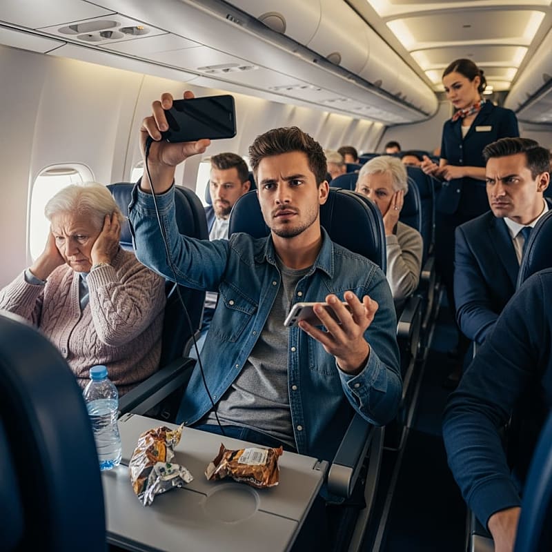 Frustrated airline passengers covering their ears while person plays loud music on speaker