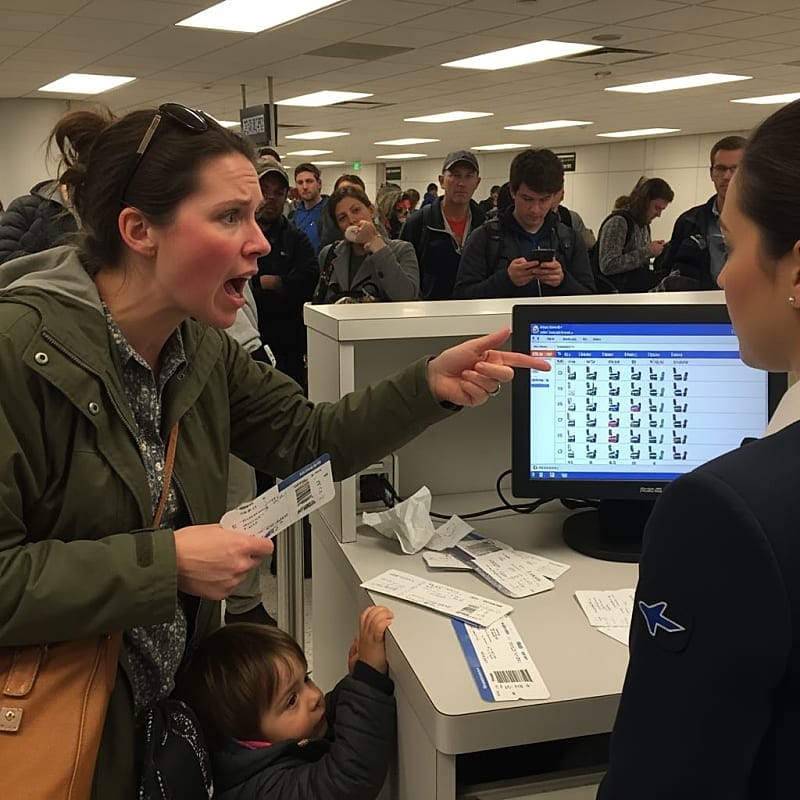 A frustrated parent trying to board an airplane with a child, looking at a ticket with a fee highlighted.