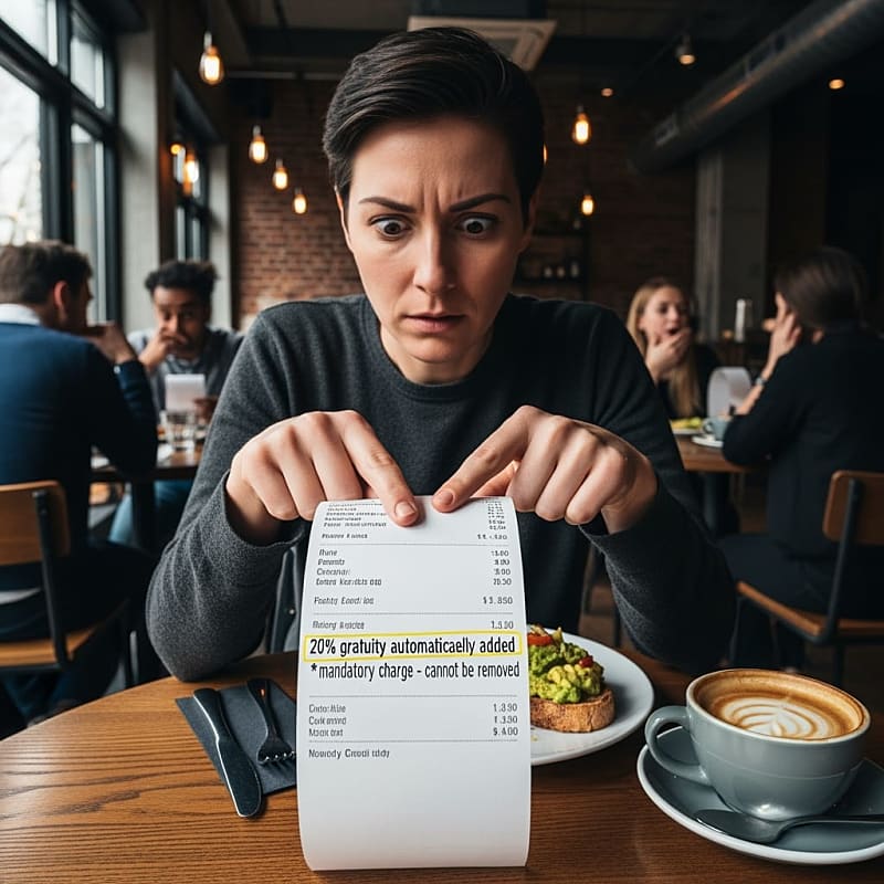 Restaurant bill showing highlighted automatic 20% gratuity addition
