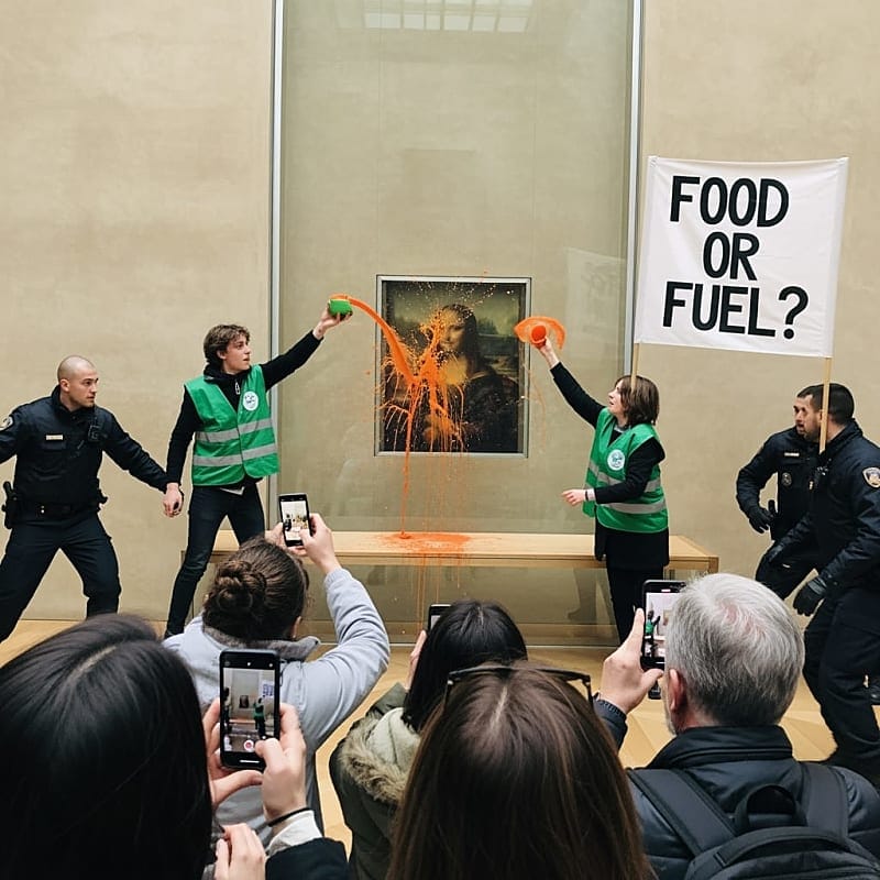 Two protesters throwing soup at the Mona Lisa painting protected by glass at the Louvre