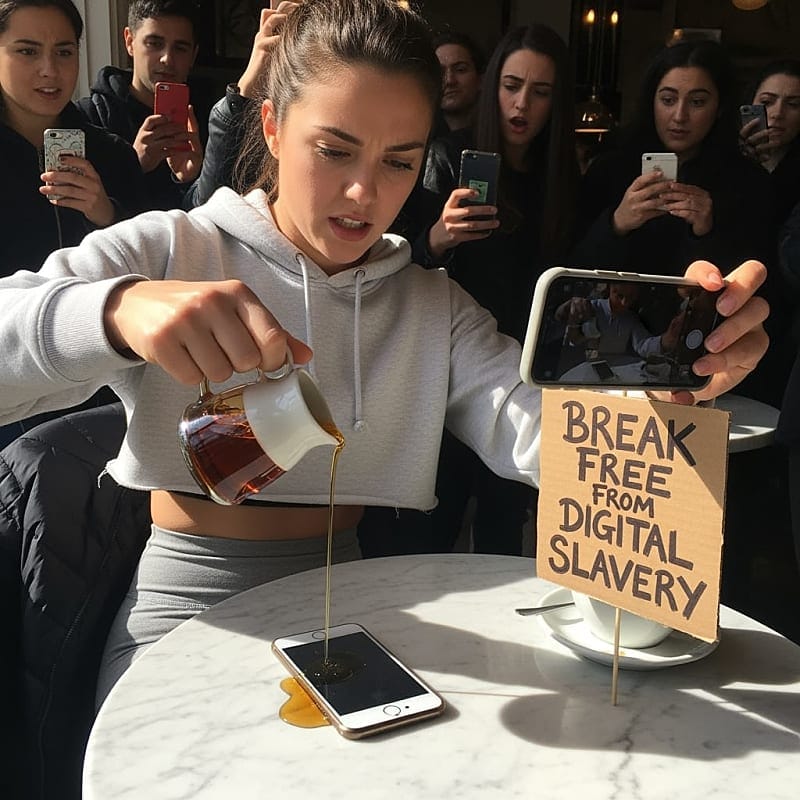 Social media influencer pouring maple syrup over smartphone in busy cafe