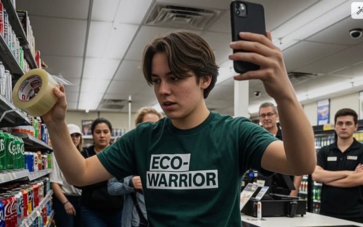 Environmental activist tapes plastic straws to every drink can at local store