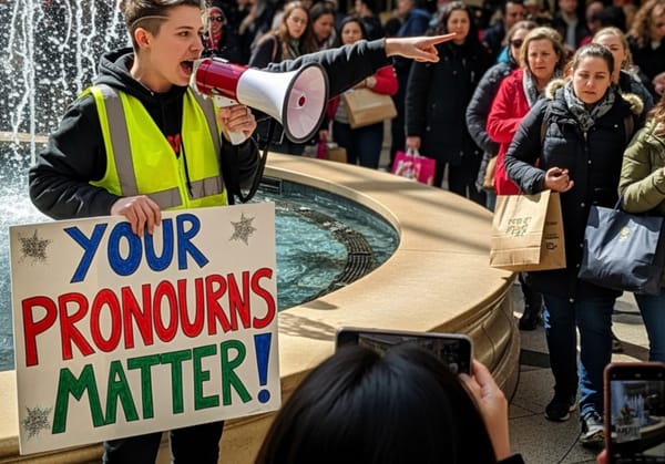 Mall shoppers startled by loud pronoun announcements