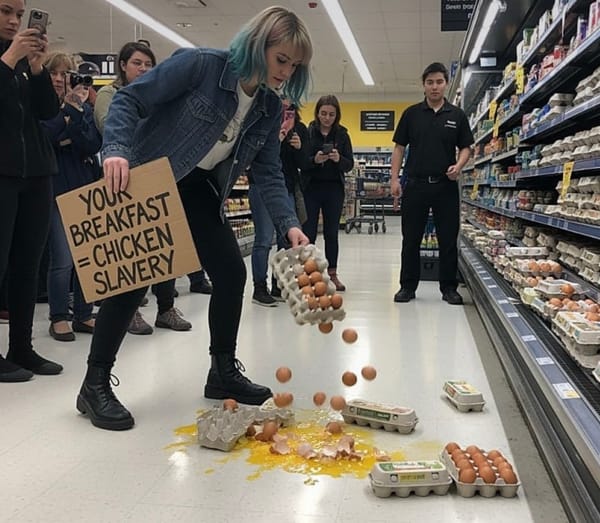 Woman smashes dozens of eggs at grocery store during animal rights protest