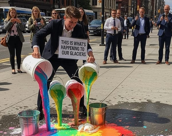 Climate activist dumps dozens of ice cream buckets on downtown sidewalk to protest glacier melting
