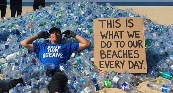 Man buries himself in plastic bottles at beach to protest ocean waste