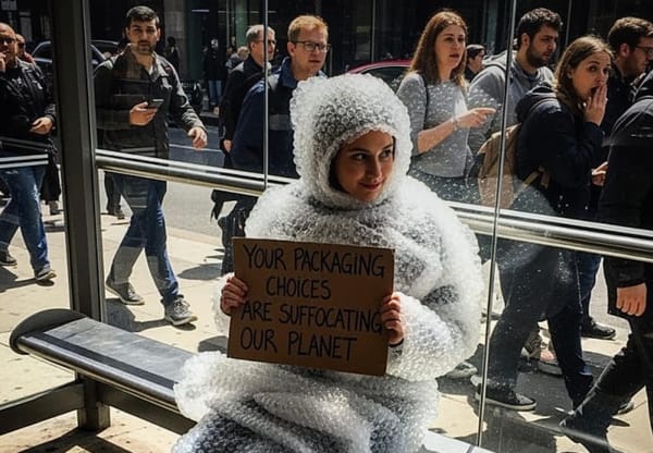 Climate activist covers herself in bubble wrap at public bus stop to protest plastic packaging